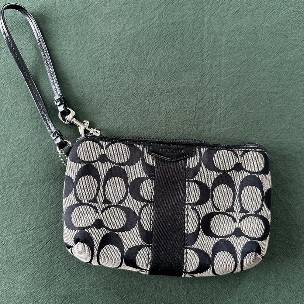Coach Black & Ivory Signature Canvas Wristlet with Strap